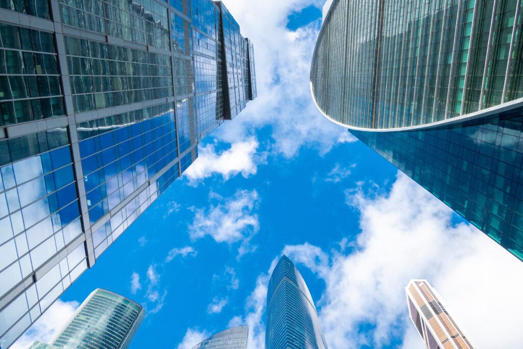 High-rise mirror towers of modern office buildings.
